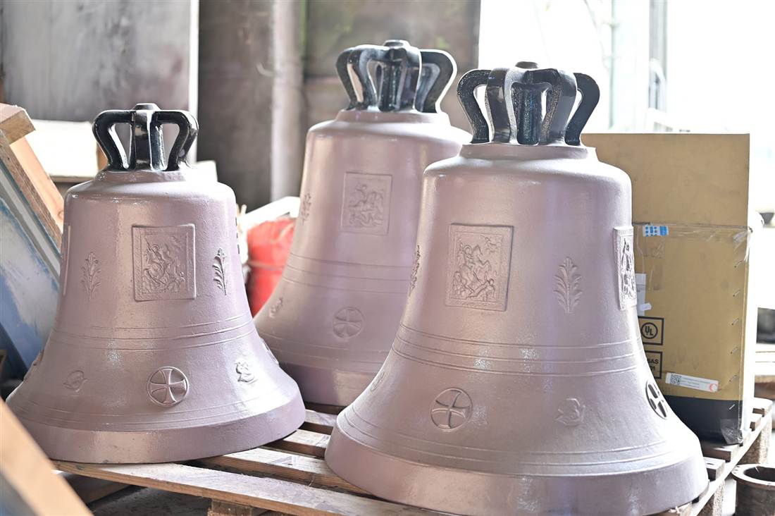 Church bells with cast crowns and relief icons, made by TSITOURAS