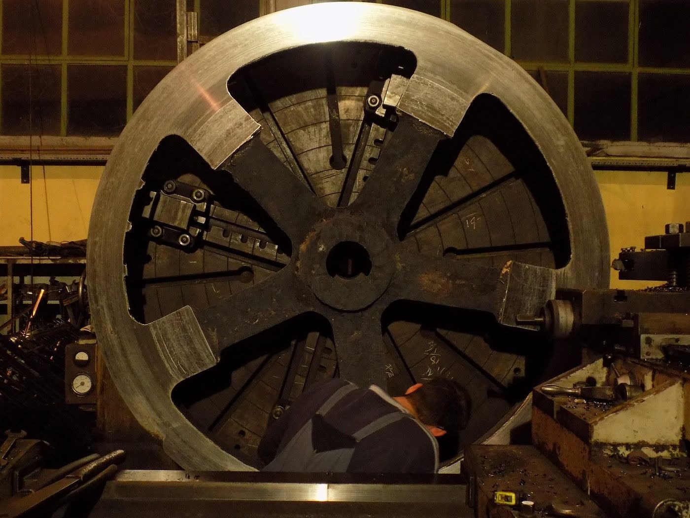 Large casting in horizontal lathe chuck — Tsitouras Foundry
